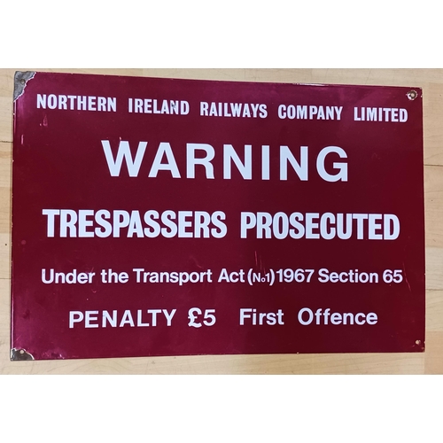 378 - Northern Ireland Railways Company Limited 'Warning Trespassers Prosecuted' enamel sign, white text o... 