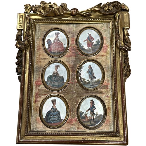 1368 - Exceptional quality early 18th century framed collection of three pairs of miniature portraits on mo...