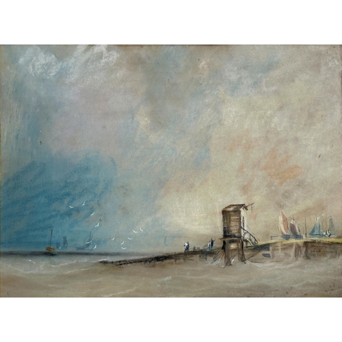 1398 - 19th century school - Suffolk coastal scene, possible ships off Southwold, unsigned, pastel, 34 x 45... 