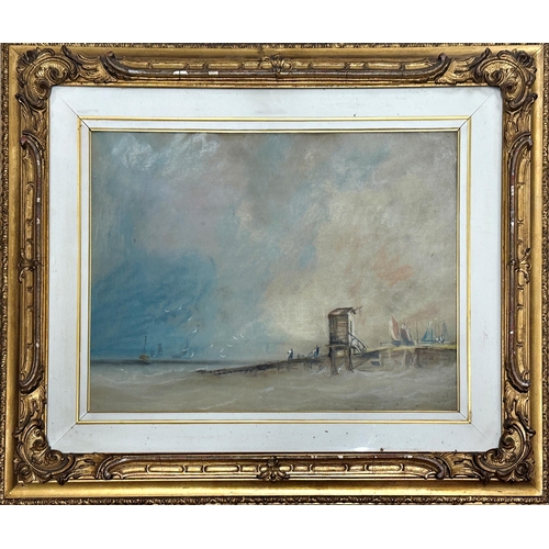 1398 - 19th century school - Suffolk coastal scene, possible ships off Southwold, unsigned, pastel, 34 x 45... 