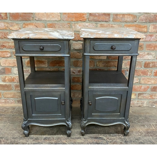 1251 - Pair of French painted marble top bedside cupboards each fitted with a drawer and cupboard door upon... 