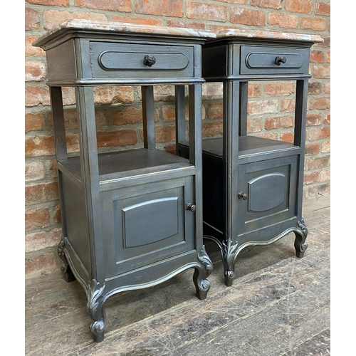 1251 - Pair of French painted marble top bedside cupboards each fitted with a drawer and cupboard door upon... 