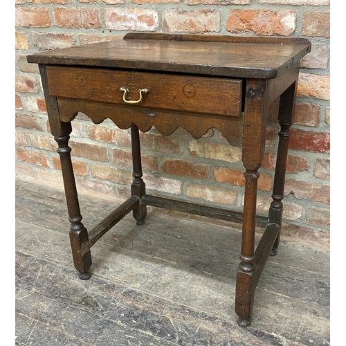 1252 - Georgian oak side table with single frieze drawer and wavy apron, H 73cm x W 64cm x D 44cm