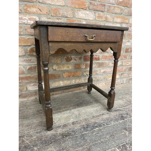 1252 - Georgian oak side table with single frieze drawer and wavy apron, H 73cm x W 64cm x D 44cm