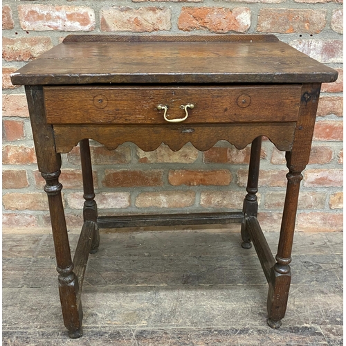 1252 - Georgian oak side table with single frieze drawer and wavy apron, H 73cm x W 64cm x D 44cm