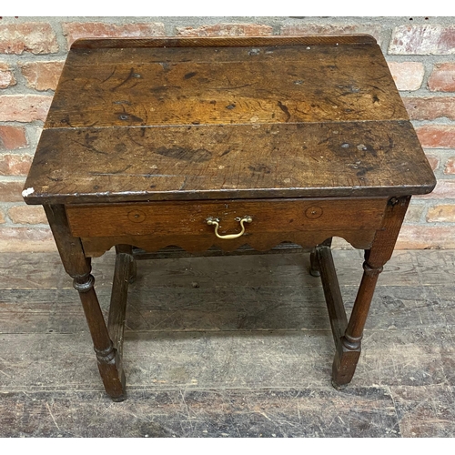 1252 - Georgian oak side table with single frieze drawer and wavy apron, H 73cm x W 64cm x D 44cm