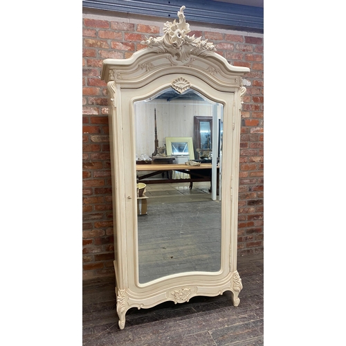 1253 - French Rococo style cream painted armoire with arch bevelled mirror door, H 237cm x W 105cm x D 59cm