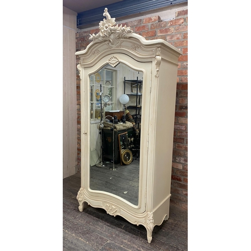 1253 - French Rococo style cream painted armoire with arch bevelled mirror door, H 237cm x W 105cm x D 59cm