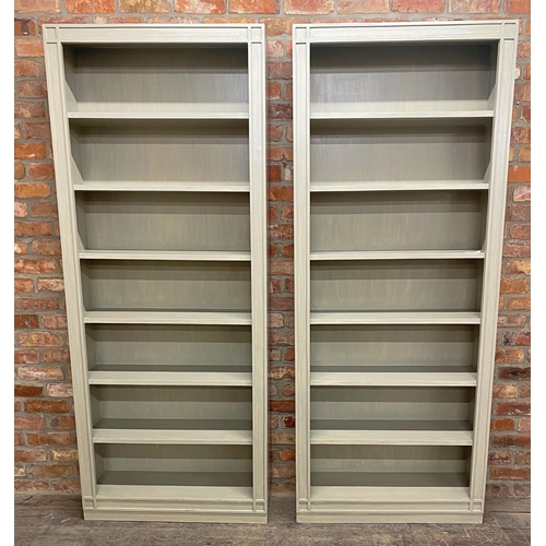 1254 - Oka 'Ashmolian' Pair of painted open bookcases, H 220cm x W 89cm x D 28cm