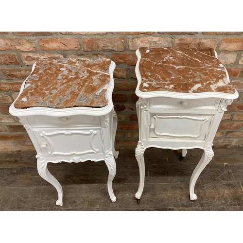 1260 - A pair of painted French marble top pot cupboards fitted with a single drawer, marble lined cupboard... 