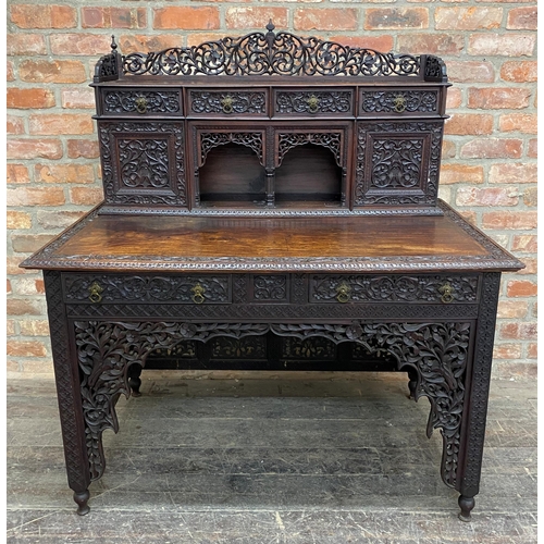 1262 - 19th century Anglo Indian padauk wood writing desk, the raised back with gallery and arrangement of ... 