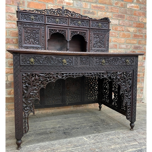 1262 - 19th century Anglo Indian padauk wood writing desk, the raised back with gallery and arrangement of ... 