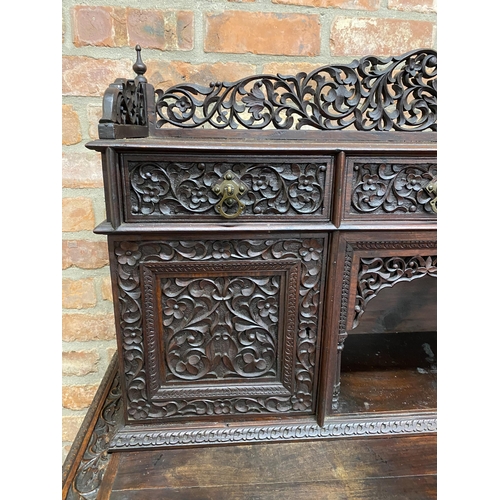 1262 - 19th century Anglo Indian padauk wood writing desk, the raised back with gallery and arrangement of ... 