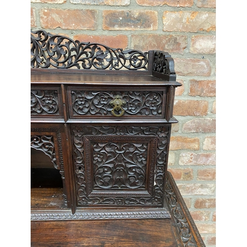 1262 - 19th century Anglo Indian padauk wood writing desk, the raised back with gallery and arrangement of ... 