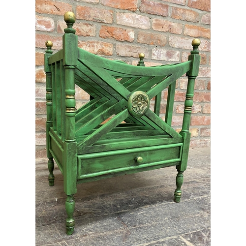 1263 - Regency style four divisional Canterbury with green and gilt painted finish, H 61cm x W 46cm x D 36c... 