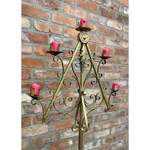 1264 - Gilt iron ecclesiastical floor standing candelabra, H 167cm