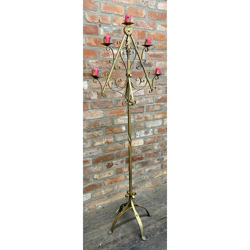 1264 - Gilt iron ecclesiastical floor standing candelabra, H 167cm