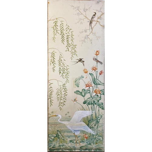 1420 - Large and impressive hand painted silk work panel with exotic water birds amidst reeds and blossom f... 