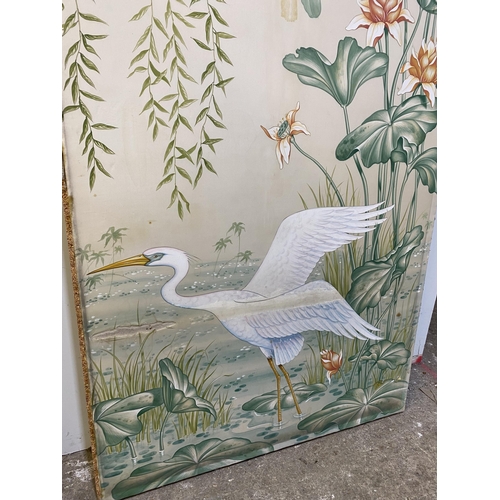 1420 - Large and impressive hand painted silk work panel with exotic water birds amidst reeds and blossom f... 