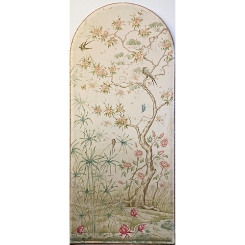 1421 - Large and impressive hand painted silk work panel with exotic birds and butterflies amidst trees and... 