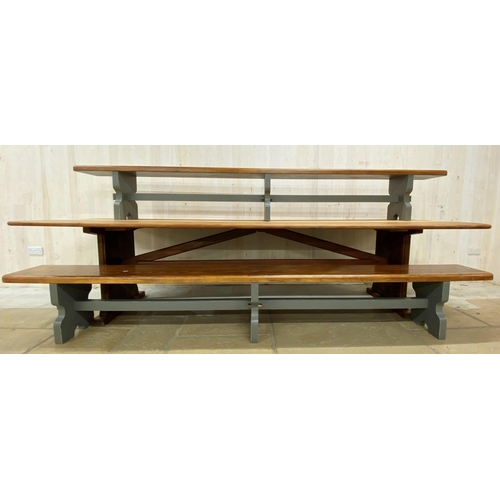 1266 - Good Arts and Crafts type pitch pine refectory table with arched stretcher, H 74cm x W 302cm x D 101... 