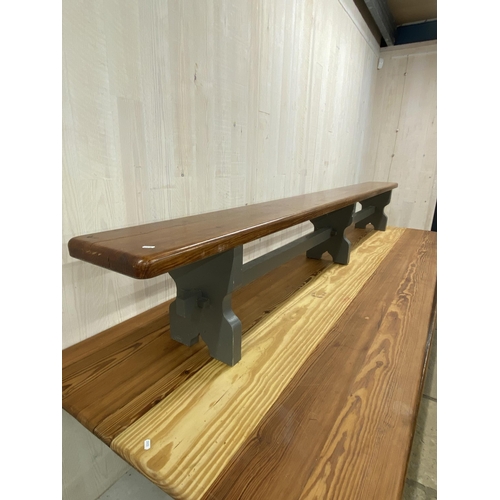 1266 - Good Arts and Crafts type pitch pine refectory table with arched stretcher, H 74cm x W 302cm x D 101... 