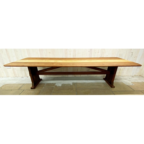 1266 - Good Arts and Crafts type pitch pine refectory table with arched stretcher, H 74cm x W 302cm x D 101... 