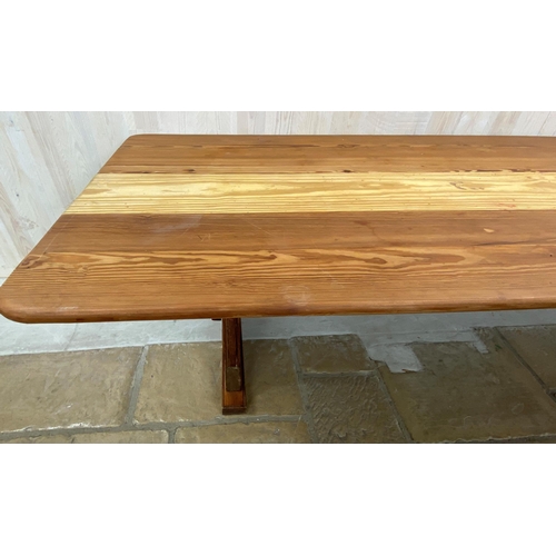 1266 - Good Arts and Crafts type pitch pine refectory table with arched stretcher, H 74cm x W 302cm x D 101... 