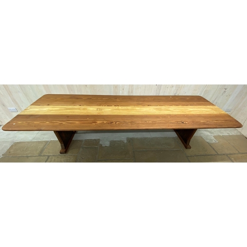 1266 - Good Arts and Crafts type pitch pine refectory table with arched stretcher, H 74cm x W 302cm x D 101... 