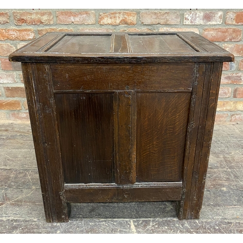 1267 - Georgian oak half size twin panel coffer with hinged lid on stile supports, H 66cm x W 65cm x D 46cm