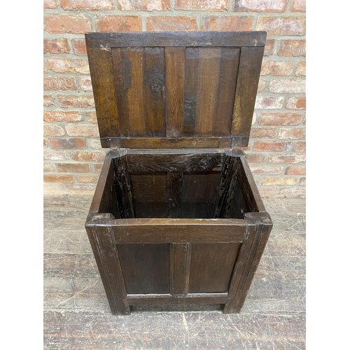 1267 - Georgian oak half size twin panel coffer with hinged lid on stile supports, H 66cm x W 65cm x D 46cm