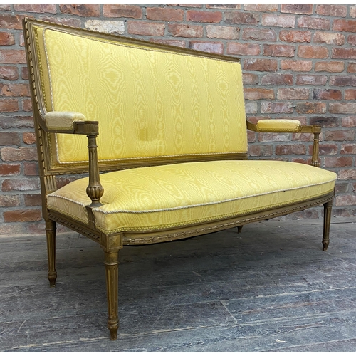 1268 - Louis XVI gilt wood and gesso salon couch, recently upholstered with marbled yellow fabric and pipin... 