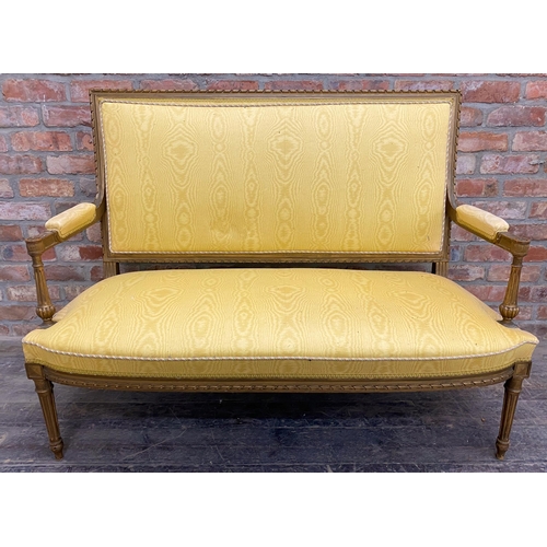 1268 - Louis XVI gilt wood and gesso salon couch, recently upholstered with marbled yellow fabric and pipin... 