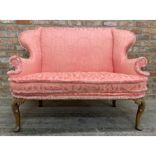 1269 - Early and rare Parker Knoll Queen Anne style sofa, wing back and cabriole legs with gilt highlights,... 