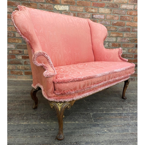 1269 - Early and rare Parker Knoll Queen Anne style sofa, wing back and cabriole legs with gilt highlights,... 