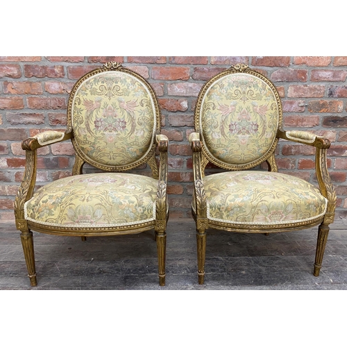 1270 - Pair of period Louis XVI gilt wood and gesso shield back futiles with good silk work stitched uphols... 