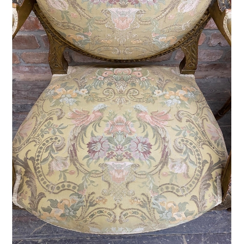 1270 - Pair of period Louis XVI gilt wood and gesso shield back futiles with good silk work stitched uphols... 