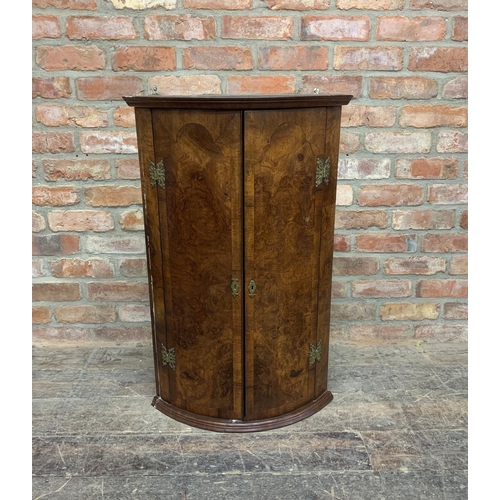 1344 - Late 18th/early 19th century burr walnut bow front corner cupboard, H 92cm x W 58cm x D 40cm