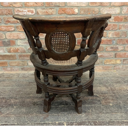 1345 - Anglo Indian carved hardwood Burgermeister chair with curved back, cane seat and back panels, H 80cm... 