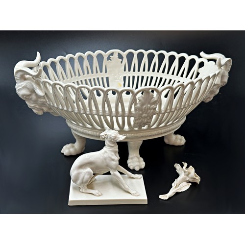 2188 - Nymphenburg Blanc-De-Chine Adam style twin handled pocelain basket, ram head handles and paw feet, 1... 