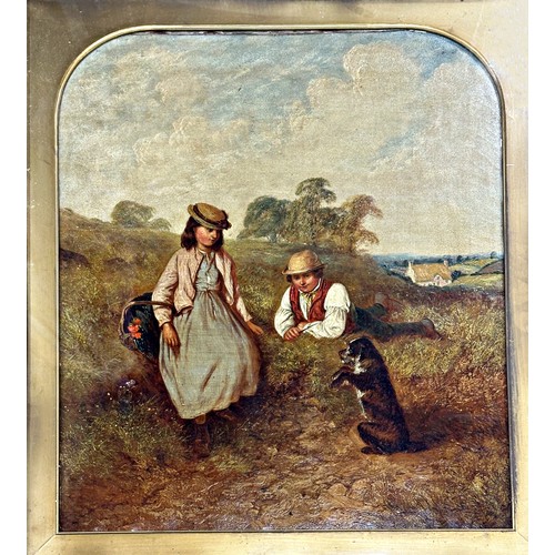 1402 - Alfred H Green (fl. 1844-1878) - 'Teaching a Dog', two children and a terrier in a field, unsigned, ... 