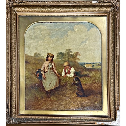 1402 - Alfred H Green (fl. 1844-1878) - 'Teaching a Dog', two children and a terrier in a field, unsigned, ... 