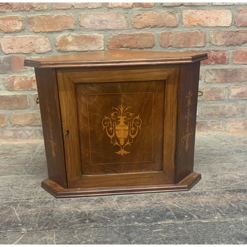 1352 - Edwardian Sheraton style boxwood inlaid walnut hanging corner cupboard, H 47cm x W 60cm