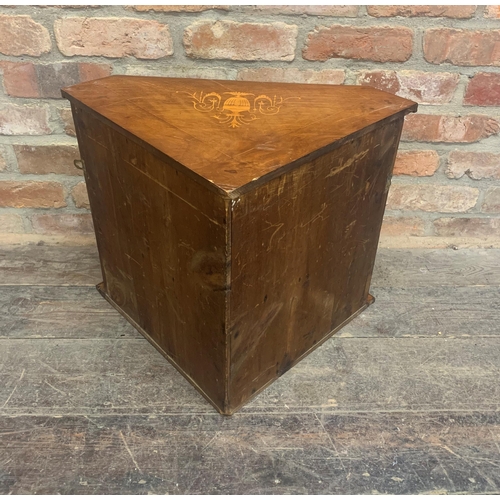 1352 - Edwardian Sheraton style boxwood inlaid walnut hanging corner cupboard, H 47cm x W 60cm