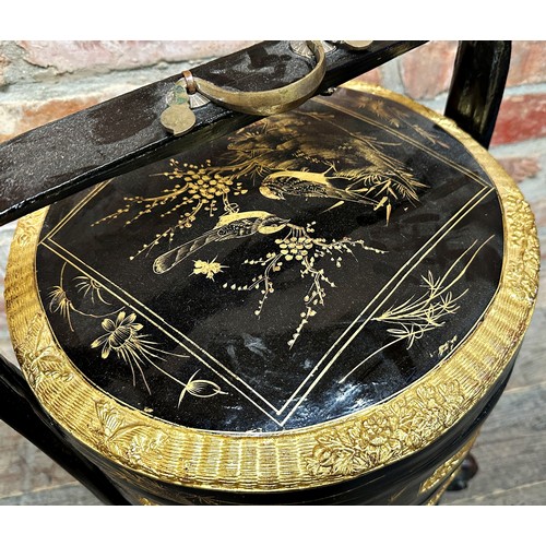 2273 - Good Chinese four tier lacquered wedding basket, with gilt overlay, on a well carved stand, 65cm hig... 