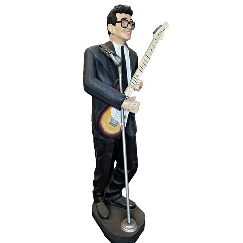 155 - Life size resin model of Buddy Holly, with vintage guitar and microphone, 185cm high