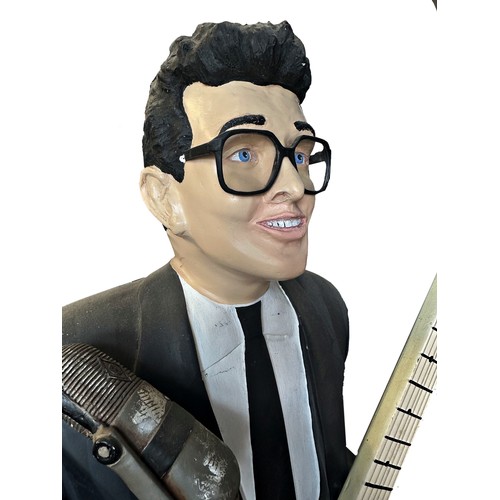 155 - Life size resin model of Buddy Holly, with vintage guitar and microphone, 185cm high