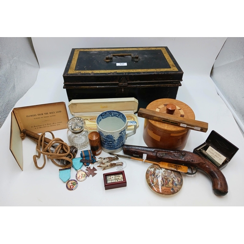 2343 - Mixed Miscellaneous Antiques & Collectors Lot To Include Flintlock Pistol, Medals & Mauchline Ware.