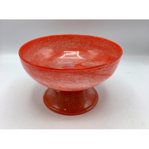 2244 - 1930s Graystan mottled red glass pedestal bowl, 15cm high x 25cm diameter