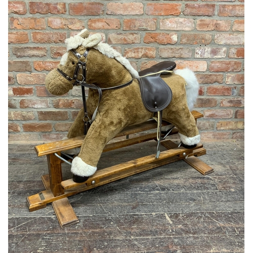 Large Mamas Papas children s rocking horse with wooden base leather saddle. L 90cm x H 80cm